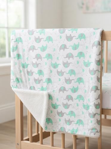 Image of EVERYDAY KIDS Large Ultra Soft Gray and Green Elephant Minky Baby Blanket for Boys and Girls Mink and Sherpa Toddler and Baby Blanket Measures 30 x 40 inch; Trendy Animal Elephant Baby Nursery Decor