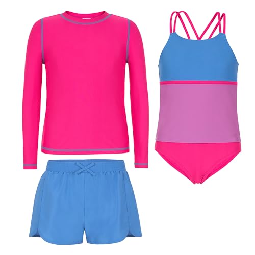 Saint Eve Kids 4-Piece Swimsuit – Long Sleeve Tankini Top, Bikini Bottom, UPF 50+, Swim Shorts for Pool, Beach, Camp