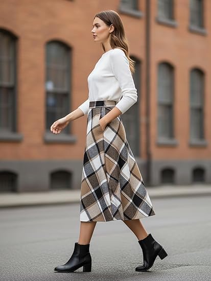 Belle Poque Damen Karierten Röcke Vintage Hoch Taillierte A‑Linie Midi‑Rock