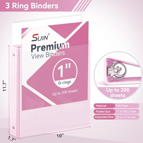 Image of SUIN 1 Inch 3 Ring Binder, Clear 1'' View Presentation Binders with 2 Pockets, Fits 8.5 x 11 Letter Size, Durable Polypropylene, Non-Stick & PVC-Free for School, Office & Home (Pastel Pink)