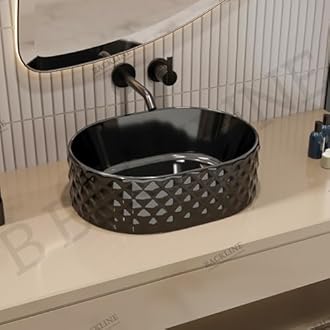 Ceramic Table Top Counter Top Wash Basin Vessel Sink Bathroom Sink Art Basin For Bathroom & Living Room 18 X 13.5 X 5.5 Inches (Only Basin) (Black Glossy)