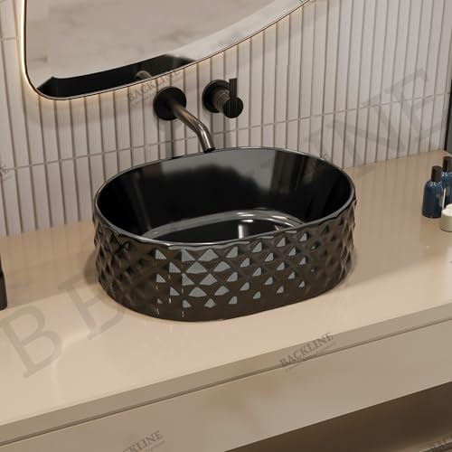 B Backline Ceramic Table Top Counter Top Wash Basin Vessel Sink Bathroom Sink Art Basin For Bathroom & Living Room 18 X 13.5 X 5.5 Inches (Only Basin) (Black Glossy)