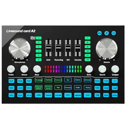 Live-Soundkarte mit DJ-Mixer-Effekten und Sprach-Wechsler Stereo Audio Mixer mit Mehreren Soundeffekten und LED-Licht für Live-Übertragung K-Songs Gaming PC Mobiltelefon Aufnahmestudio 48 V