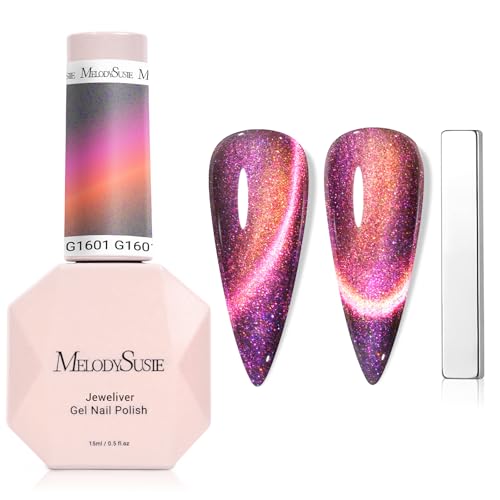 Image of MelodySusie 9D Chameleon Cat Eye Gel Nail Polish, 0.5 Fl Oz Pink Glitter Holographic Magnetic Nail Polish with Magnet, UV Nail Polish for Nail Art Manicure Salon DIY at Home G1601