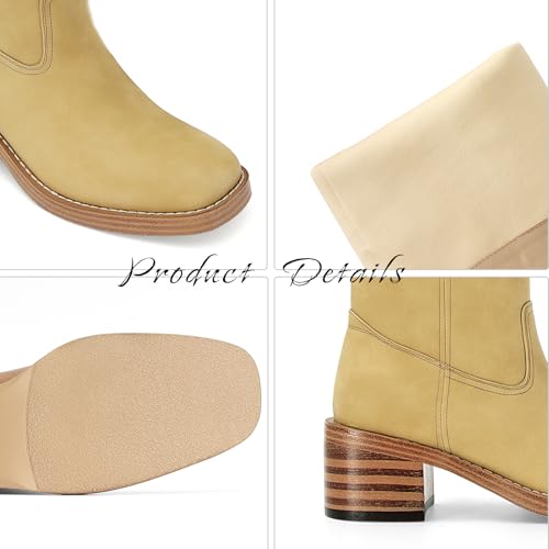 Image of DOEYG Women's Banana Knee High Boots Square Toe Chunky Block Heel Tall Boots Wide Calf Fashion Comfortable Casual Pull on Long Boots