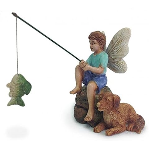Gone Fishin' Miniature Fairy Garden Boy Fishing w/ Dog Figurine Cover