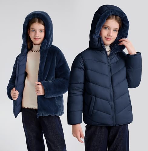 maoo garden Girls Winter Reversible Puffer Jacket Kids Heavyweight Faux-Down Fuzzy Fleece Lined Water-Resistant Coat2