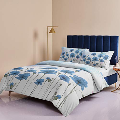 4 Piece Full Watercolor Blue Poppy Flower Breathable Comforter Covers Ultra Soft Bed Sheet With Decoretive 2 Pillow Shams Bedding Collection Sets Gradient Color Polka Dots #TOP3