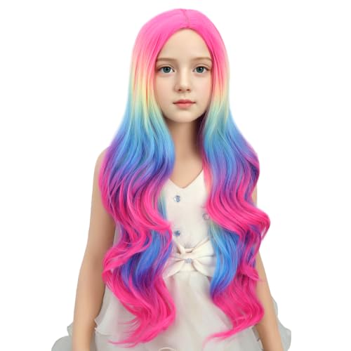 Image of Kid Ombre Rainbow Wig Long Rainbow Middle Part Wig for Child Girl Long Wavy Curly Wigs Heat Resistant Synthetic Wigs for Daily Party Use