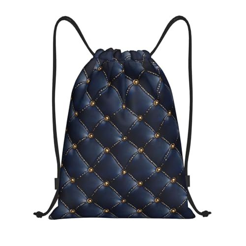 Drawstring Backpack - Vintage Navy Leather Plaid Print Sports Gym Sackpack String Bag For Women Men, Lightweight Draw String Back Bag For Workout Travel