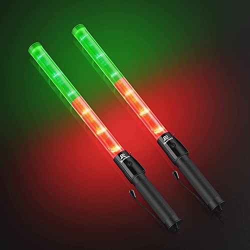 RoadHero 2 Pack 21 Inch Traffic Wands, Red and Green Led Traffic Control Baton, Safety Light Wand with 3 Flashing Modes, Air Marshaling Signal Wand with Side Clip for Airport, Parking, Car Directing