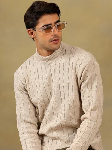 Image of Kvetoo Men's High Neck Cable Knit Sweater | Winter Pullover | Warm Wool Blend |Casual Full Sleeve Sweater for Men | Stylish Ribbed Neck Slim Fit Winterwear