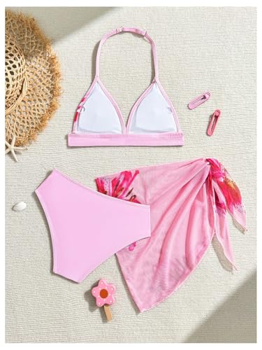 Verdusa Girl's 3 Piece Bikini Sets Boho Floral Backless Halter Top with Cover Up Skirt Swimsuit2