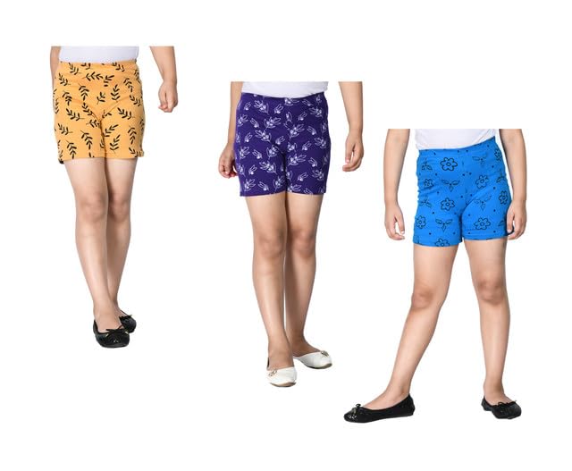 Image of Girls Soft Cotton Printed Stylish Shorts Hotpants Nekker (Pack of 3) Yellow::Purple::Sky Blue