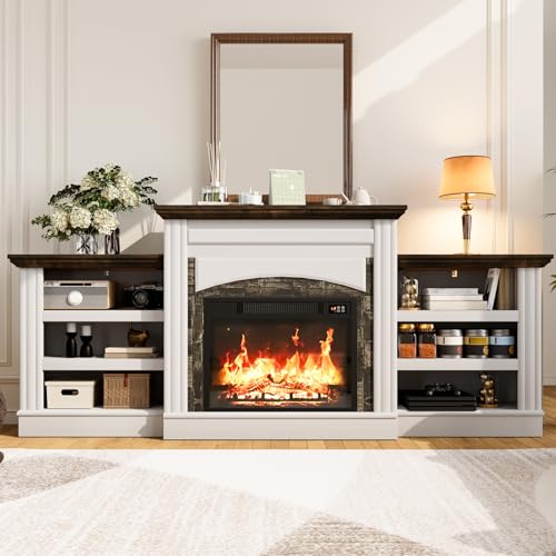 Frmobepts 72" Electric Fireplace TV Stand, Electric Fireplace with Mantel, Modern Entertainment Center with Storage, Realistic Stacked Stone Surround for Living Room (Stack Stone&White)