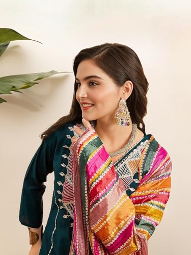 Image of ishin Women Yoke Design Ethnic motifs teal straight kurta with solid pants and dupatta
