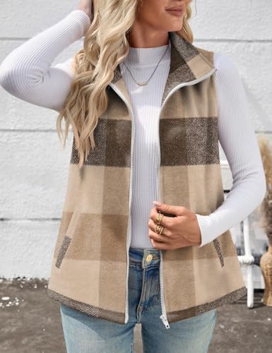 Rapbin Women's Plaid Outerwear Vests Tops Zip Up Collared Sleeveless Jacket with Pockects2