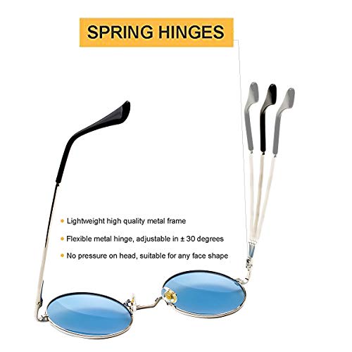 Poraday Circle Lennon Glasses Retro Round Polarized Sunglasses Hippie Style Small Circle Sun Glasses (Silver/Clear Blue) #TOP3