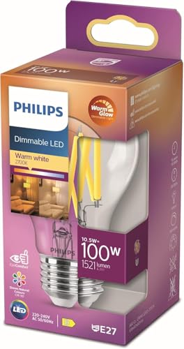 PHILIPS LED Classic E27 Filament Lampe Warm Glow (100 W), Dimmbare LED Lampe mit Warmweißem Licht, Energiesparend mit Langer Nutzlebensdauer, Klar