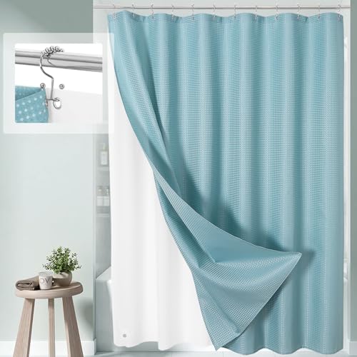3 in 1 Teal Blue Shower Curtain Set with PEVA Liner & 12 Hooks, 72 x 72