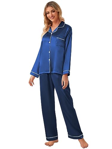 Image of Schbbbta Girls & Women Satin Pajamas Set, 2Piece Silk Nightwear Button-Down Sleepwear for Teen Kids, 3 Years - Women XXL