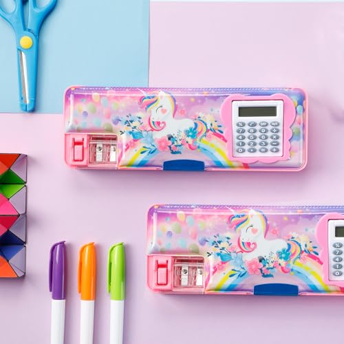 Image of Henoyso Multifunctional Pencil Box for Girls, Unicorn Pencil Case with Calculator and Sharpener, 2026 Back to School Supplies Organizer for Kids Teens Students, Elementary Middle School Gift