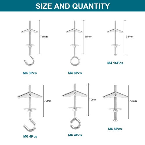 48Pcs Toggle Bolts For Drywall,Toggle Anchors Assortment Kit-M4 M6 Toggle Bolt & Eye Bolt &Ceiling Hooks For Hanging Plants Heavy Duty,Butterfly Anchors For Drywall,Zinc Plated #TOP3