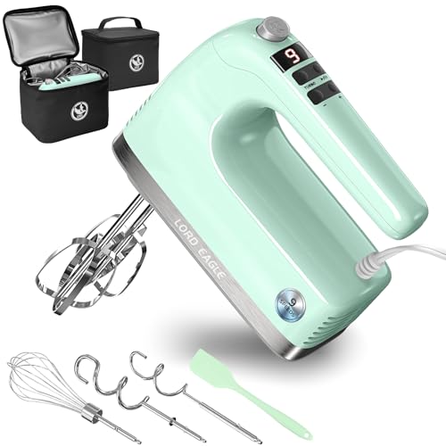 Image of Lord Eagle 9-Speed Digital Hand Mixer Electric Handheld, 500W DC Motor Kitchen Mixer for Cake Baking, Lightweight Egg Beaters with Stain-resistant & Waterproof Storage Bag & 6 Accessories, Green