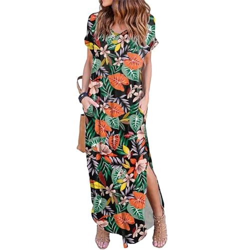 HUSKARY Women's Summer Maxi Dress Casual Loose Pockets Long Dress Short Sleeve Split Maxi Dresses X-Small Army Green 01