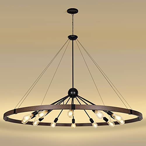 Klgxnrd 59'' Large Rustic Dining Room Light Fixture, 12-Light Farmhouse Wagon Wheel Chandelier, Industrial Round Chandeliers for Entryway Living Room, Vintage Rust and Black Finishe