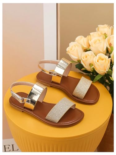 GORGLITTER Girl's Sandals Metallic Sparkly Flat Sandals Dressy Ankle Strap Cute Summer Vacation Beach Sandals 20254