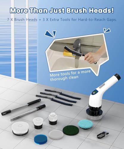 Electric Spin Scrubber, Cordless Cleaning Brush with 10 Cleaning Tools, 2H Long Battery Life, Adjustable Handle, IPX7 Waterproof Power Scrubber for Bathroom, Tub, Tile, and Car Cleaning - Image 3
