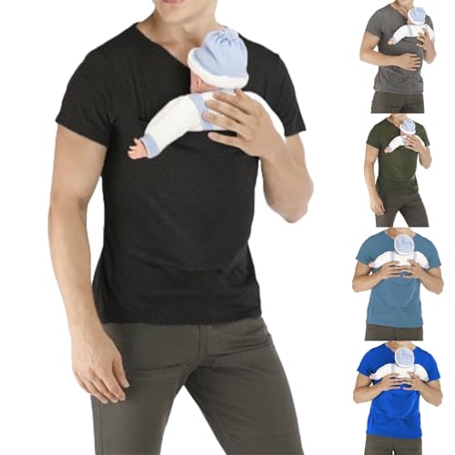 Image of Mens Kangaroo Shirt V Neck Short Sleeve T Shirts for Dad and Mom Skin to Skin T Shirt with Pocket Dad Shirt Black