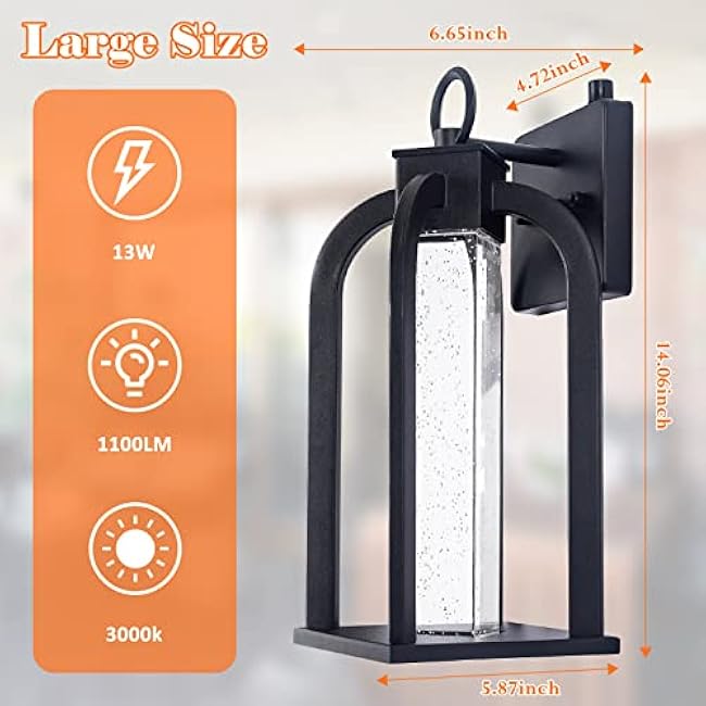Dusk to Dawn LED Outdoor Wall Light, 14 Black Wall Lantern with Crystal Bubble Glass, Exterior Light Fixture with Photocell Sensor, IP65 Waterproof Anti Rust Outdoor Lighting for House, Garage, Porch