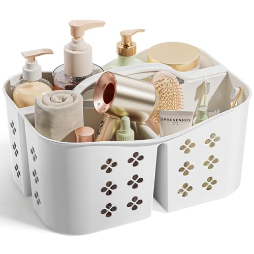 Portable Shower Caddy with Handle Large Capacity Shower Basket Organizer Quick-Drain Bathroom Storage Tote Durable Plastic Shower Organizer for College Dorm Beach Gym Travel Essentials White