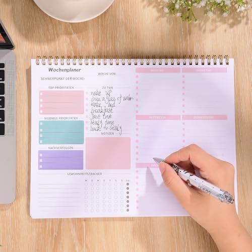 Wochenplaner Block, 28 x 22 cm Spiralgebundene To Do Liste Block 52 Blätter Undatierter Weekly Planner mit To Do Liste & Habit Tracker, To Do Planer für Studium Arbeit (Rosa)