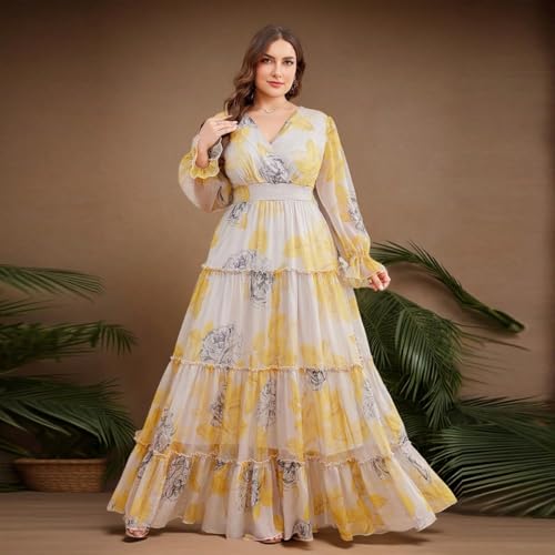 Image of Spring Summer 2024 Plus Size Womens Dresses V Neck Casual Elegant Long Sleeve Floral Print Maxi Dress