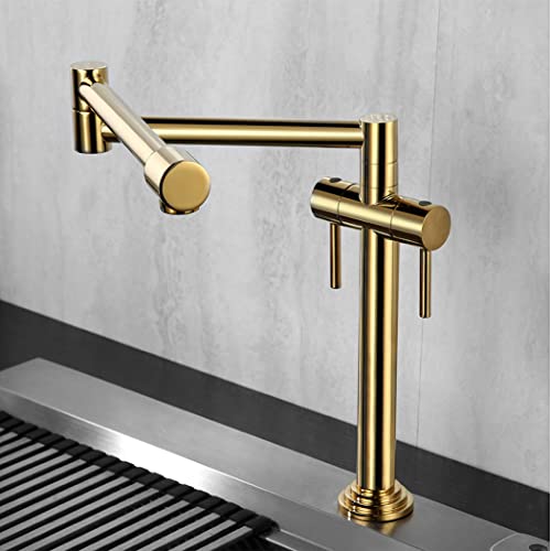 Faucet Pot Filler Faucet Gold, Brass Double Handles Kitchen Mixer Faucet, Deck Mounted Kitchen Sink Faucet, Double Joint Swing Arms Foldable Faucet #TOP5