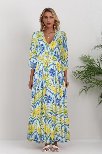 Image of Women Short Sleeve V Neck Floral Print Casual Bohemian Maxi Dresses
