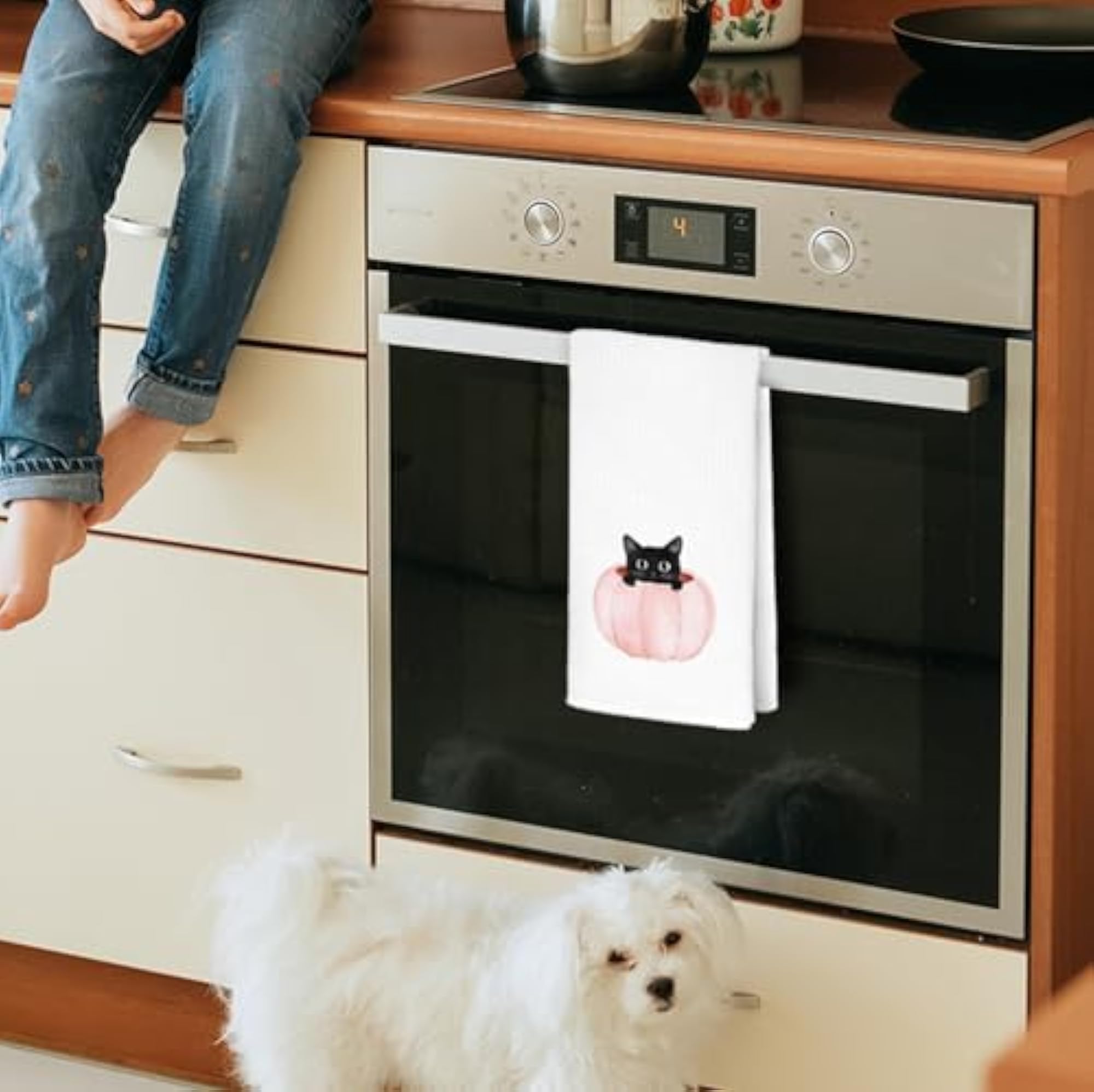 Pink Pumpkin Black Cat Fall Kitchen Towels, Set of 2