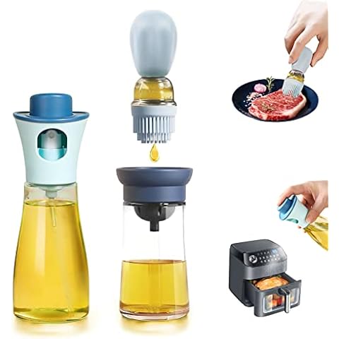 Poiuyoiu Pack of 2 Oil Sprayer Bottle + Oil Bottle with Brush, 2-in-1 Oil Bottle with Silicone Brush, Liquids, Multifunctional Oil Spray Bottle for Hot Air Fryer, Cooking, BBQ Salads, Pack of 2 (Blue) Cover