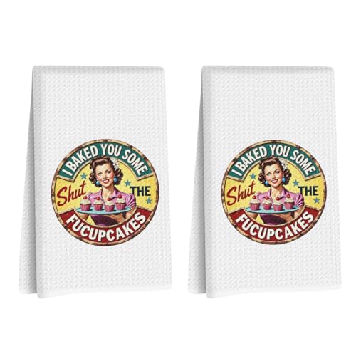 Image of 2 Pcs Funny Kitchen Towels 24x14 Inch, i Baked You Some Cake Reusable Dish Towels for Kitchen Bathroom Decor, Waffle Weave Hand Cloth Tea Towel, Funny Birthday Gifts for Women Friend Girls