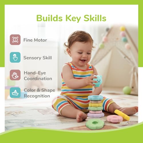 Image of R for Rabbit Orapple Teddy Stacker Stacking Rings Toy Sorting Tower Game Smooth Rounded Edges BPA Free Educational Interactive Learning Toys for Kids Baby Girls Boys (Blue Teddy)