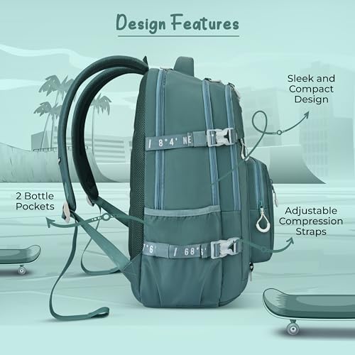 Image of Gear Street Style 19 inch /38L Large Water Resistant School Bag | Casual Backpack | Daypack | Travel Backpack | Kids Bag for Boys /Girls (Green - Grey)