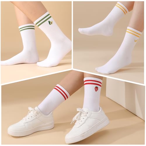 Utensilsto 6er Pack Tennissocken Sportsocken Damen 39-42 Weiße Socken mit Frucht Streifen Motiv Tennis Sport Socken Baumwollsocken Lustige Geschenke Für Damen Frauen Tennis Lauf Arbeit Sport weiße