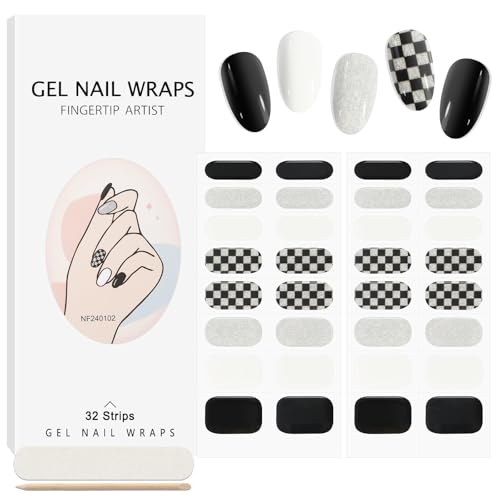 32PCS Semi-Cured Gel Nail Strips EBANKU Nail Polish Stickers Long-Lasting Semi-Cured Gel Nail Wraps Full Nail Polish Wraps Shiny Nail Decors Gel Nail Art Stickers UV/LED Lamp Required (Black Plaid)