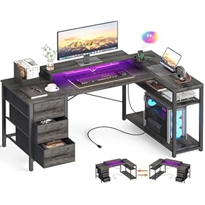 Aheaplus 53 Inch Gaming Desk with Power Outlets & LED Lights, Reversible L Shaped Computer Desk with 3 Drawers & Monitor Stand, Home Office Desk Corner Gamer Desk with Storage Shelves, Black Oak