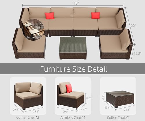LHBcraft 7 Piece Patio Furniture Set, Outdoor Furniture Patio Sectional Sofa, All Weather PE Rattan Outdoor Sectional with Beige Cushion and Glass Table, Clips.