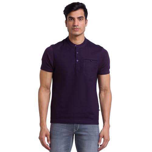 Image of Parx Men's Pure Linen Solid Pattern Regular Fit Henley Neck Half Sleeve Casual T-Shirt