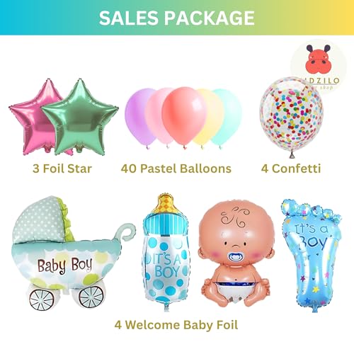 Image of 57 Pcs Welcome Baby Boy Decoration Kit | Balloons, Banner, Curtains, Foils, Stars, Hearts, Ribbon & Confetti for Baby Shower & Newborn Celebration Set 10